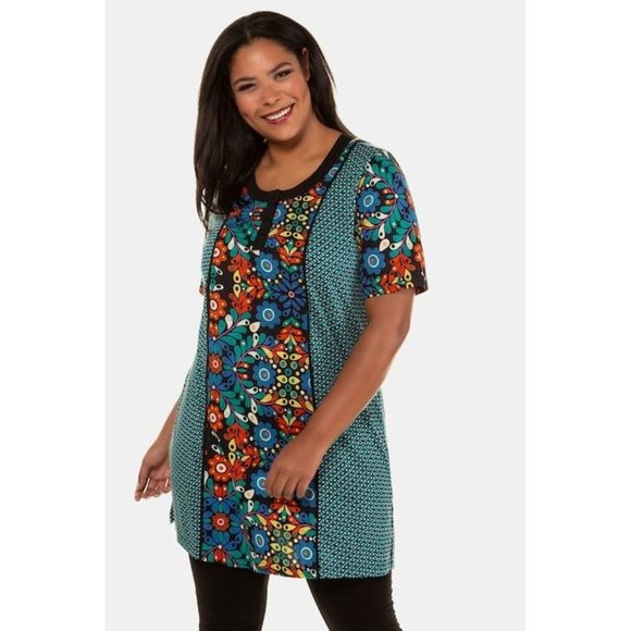 ULLA POCKEN Tops - ULLA POCKEN Blue Orange Floral Mixed Print Henley Cotton Knit Tunic Dress 20/22